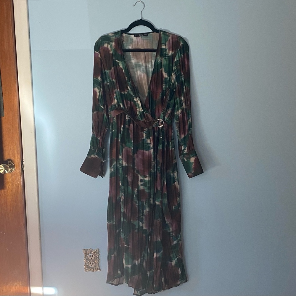 Mango Long Sleeve Pleated Wrap Dress